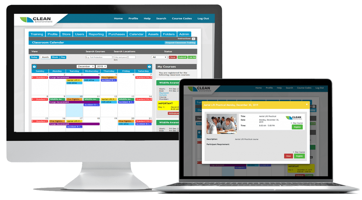 Training management software interface with a calendar view, and course scheduling.