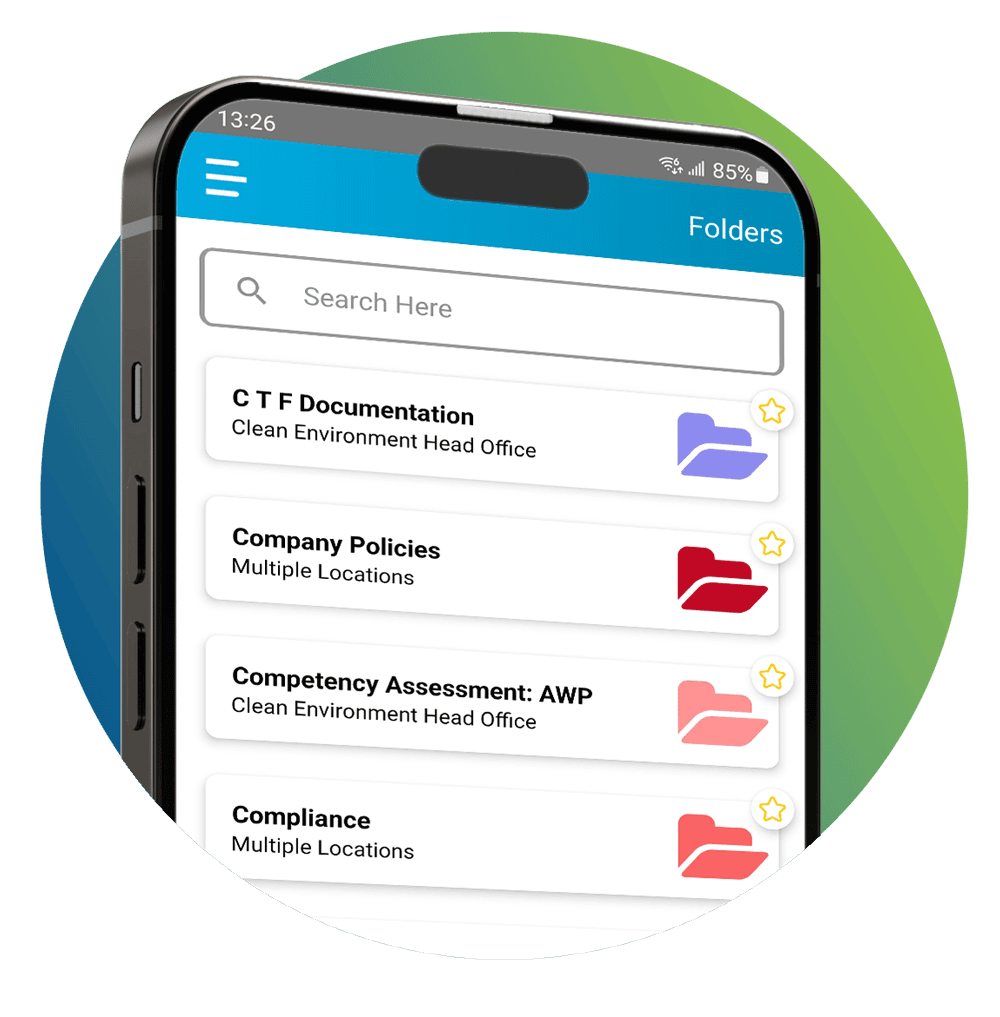 smartphone with online folders for storing policies and employee documents