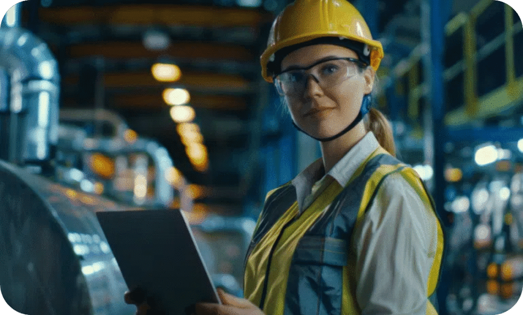 Worker in safety gear with tablet, highlighting the role of documentation in workplace safety.