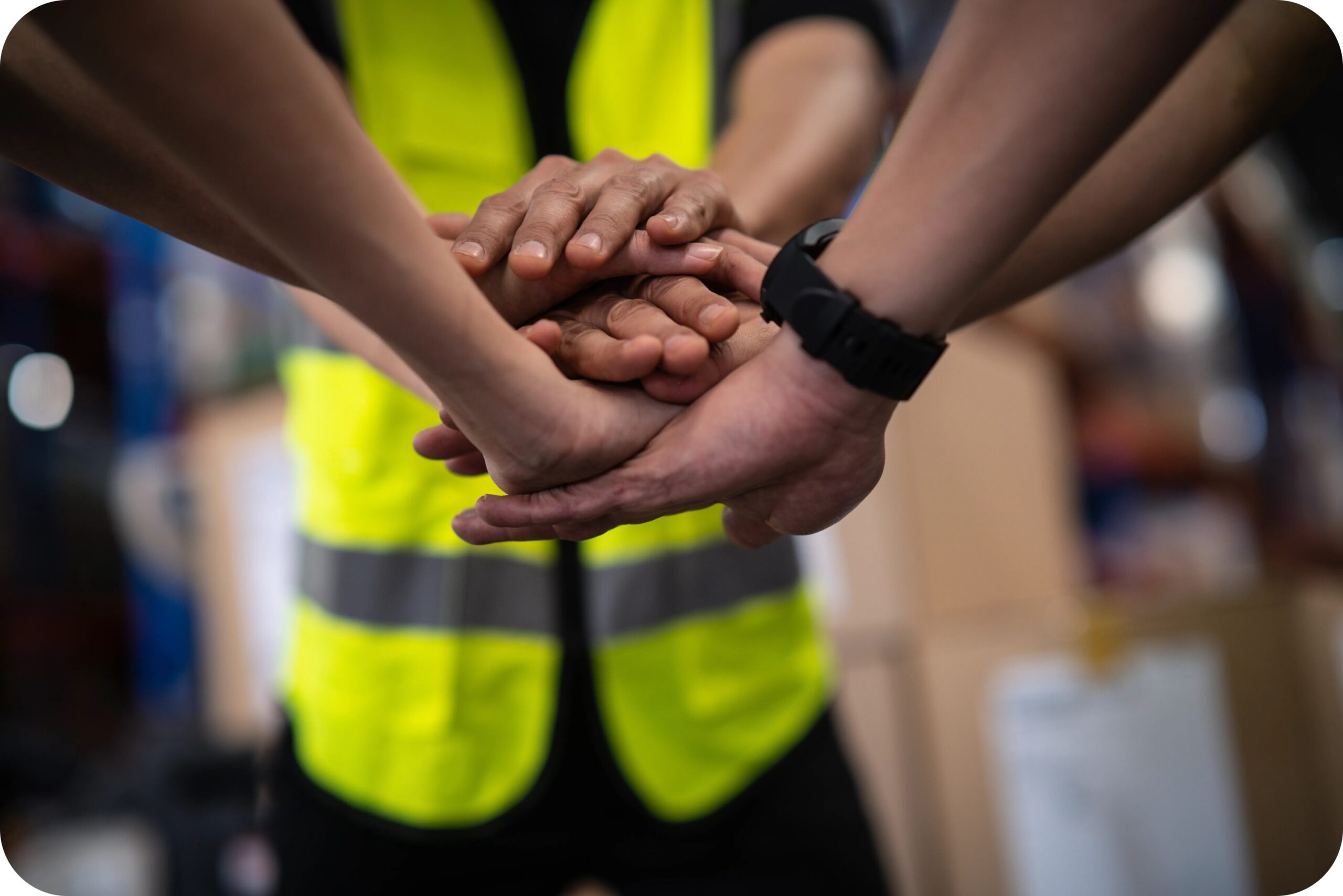 Team placing hands together to show unity and commitment to workplace safety.