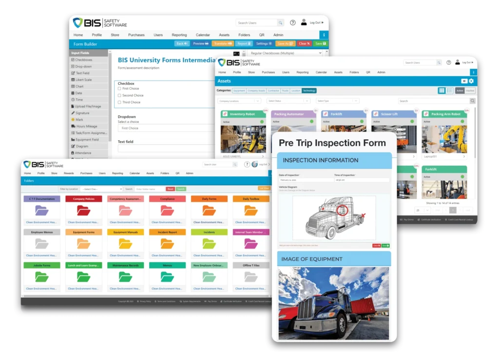 BIS Safety Software dashboard with inspection and training forms for compliance management