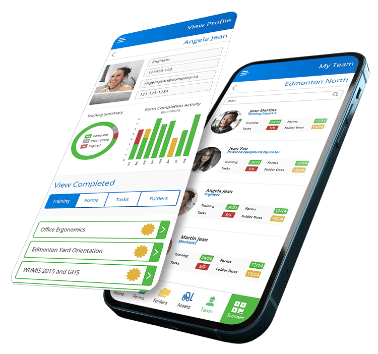 Workplace safety app interface showing employee profiles and their training progress.