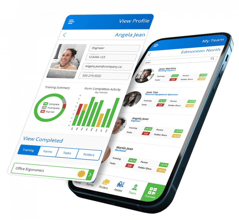 Workplace safety app interface showing employee profiles and their training progress.