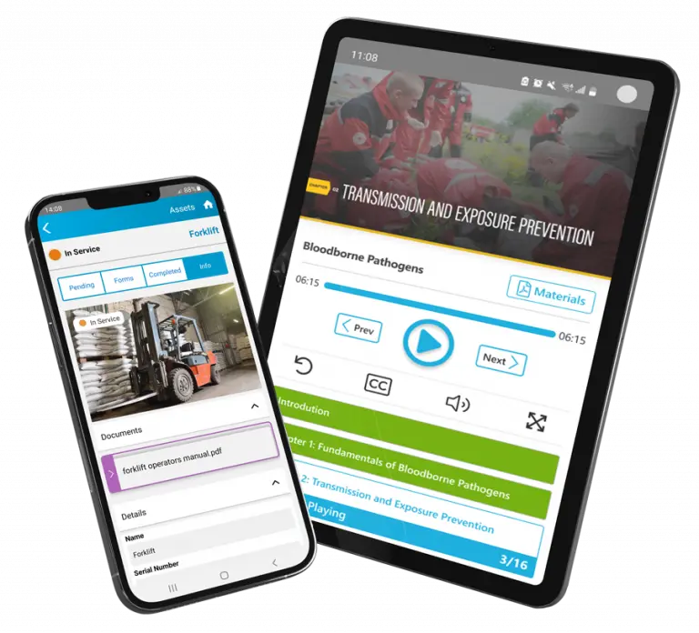 Tablet and smartphone displaying BIS Safety Software's asset management and course offerings interface.