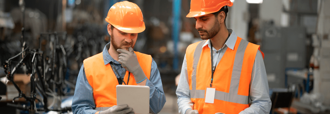 Industrial workers in safety gear, reviewing information on a tablet