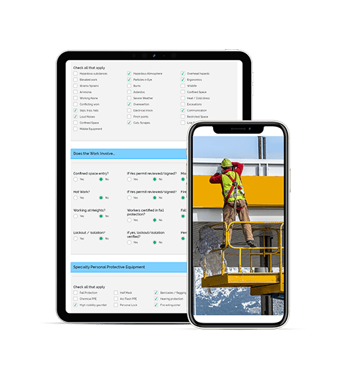 An image showing construction software on a tablet and mobile device. In this case it is a field level hazard assessment form.