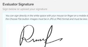 A digital form section labeled Evaluator Signature prompts users to sign below.