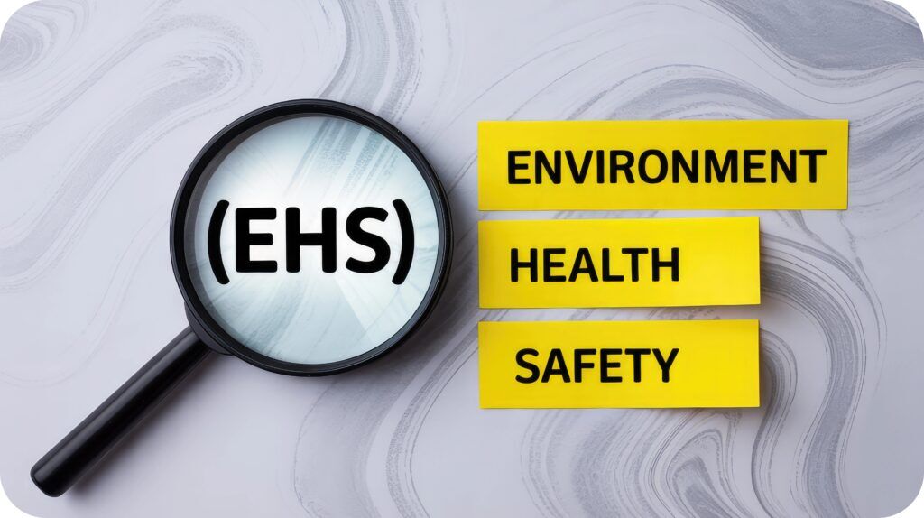 Magnifying glass over EHS next to yellow tags for Environment, Health, and Safety.